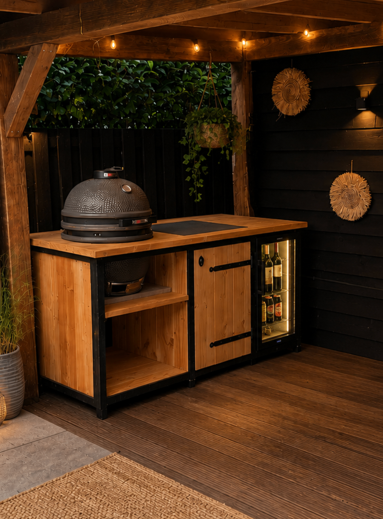 Detailshot van massief douglas hout in een handgemaakte buitenkeuken
